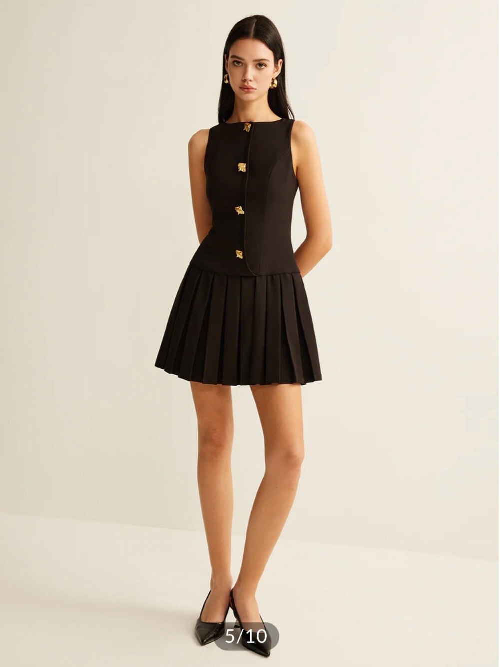 Commense Black Sleeveless Pleated Mini Dress with Gold Buttons Size S - Picture 2 of 5